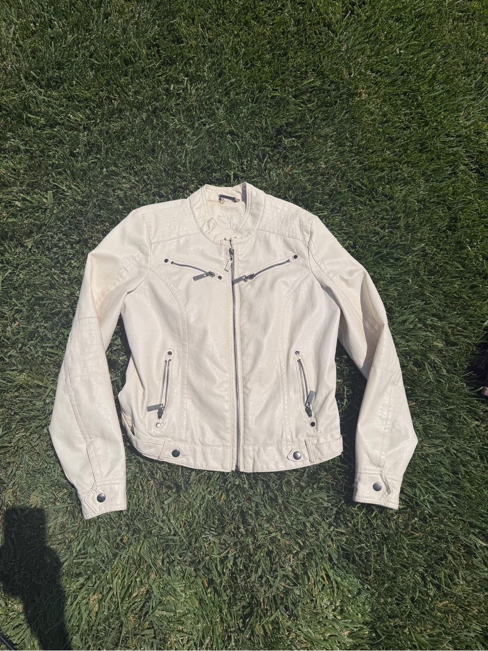 Women’s Cream Faux Leather Moto Jacket with Zip Pockets
